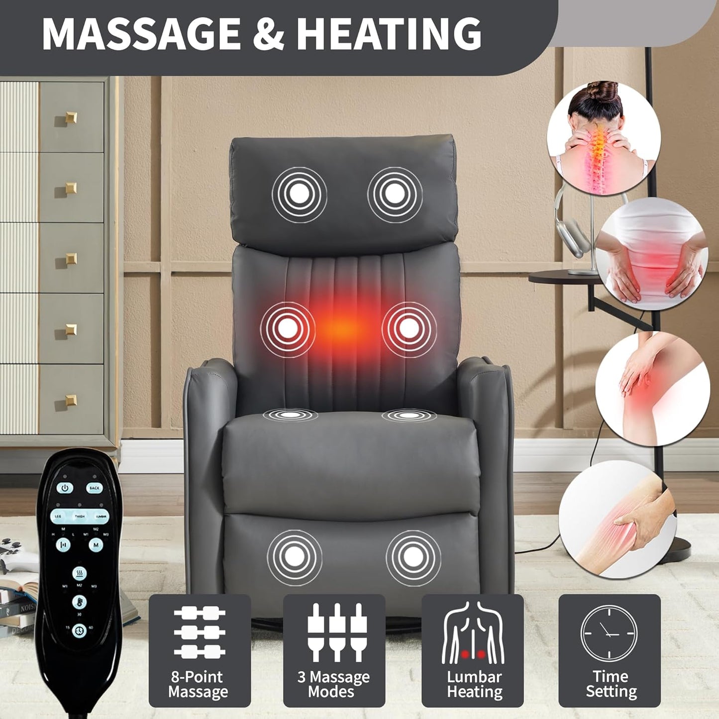 Manual Swivel Rocker Recliner Chair for Adults, Overstuffed Reclining Glider Chair for Nursing with Vibration Massage & Heat, Living Room Rocking Recliner 2-Stage backrest, Faux Leather Gray