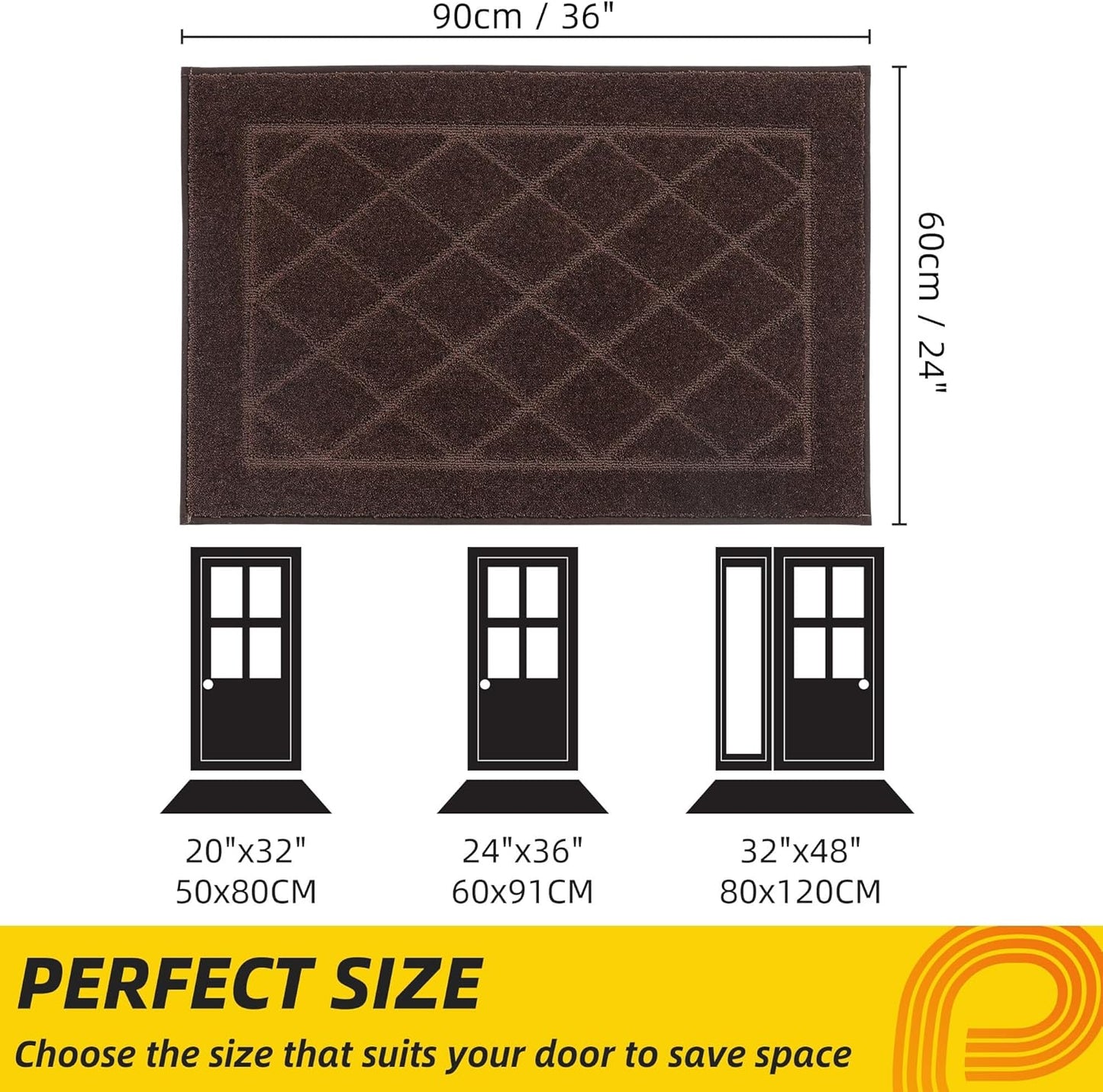 JSEI Dirt Trapper Door Mat 24"x36", Non-Slip Washable Entryway Mats, Dog Door Mat, Stain Resistant and Absorbent Floor Mats, Low Profile Welcome Mat for Front Back Door, Brown