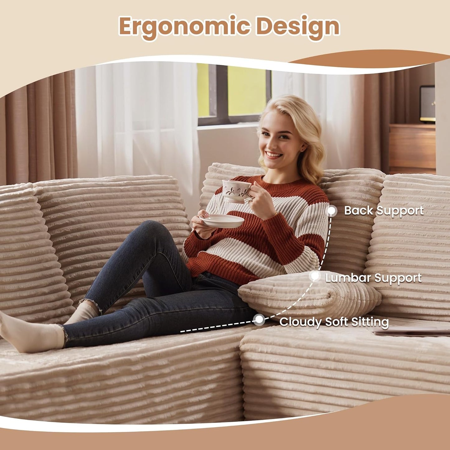 HOOOWOOO Cloud Sectional Couches for Living Room,Modular Sectional Sofa No Assembly,Plush Corduroy Large Floor Couch Furniture Set with Deep Seat Left Chaise L Shape(Beige)