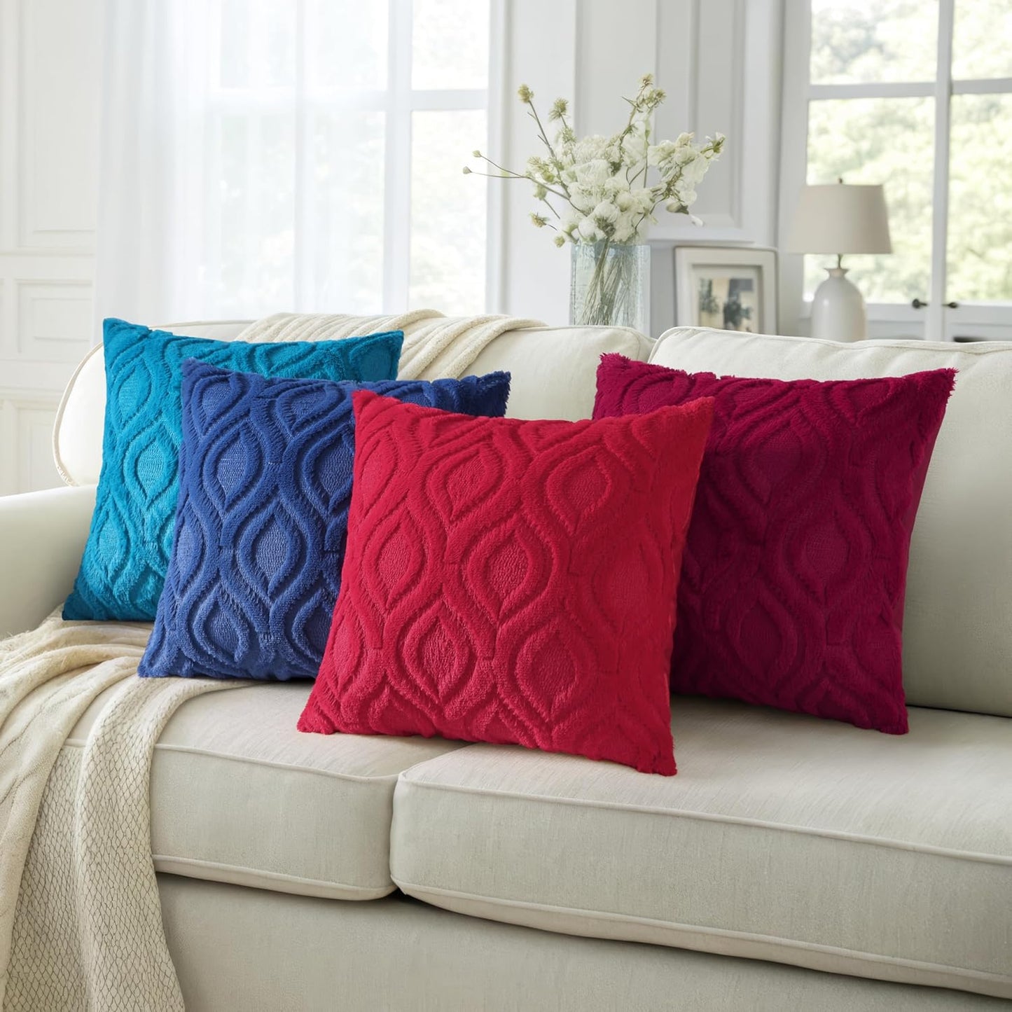 decorUhome Fall Throw Pillow Covers 18x18 Inch Set of 2, Soft Plush Decorative Faux Fur Navy Blue Solid Couch Pillow Covers, Accent Farmhouse Neutral Square Euro Pillow Cases for Sofa Bed Living Room
