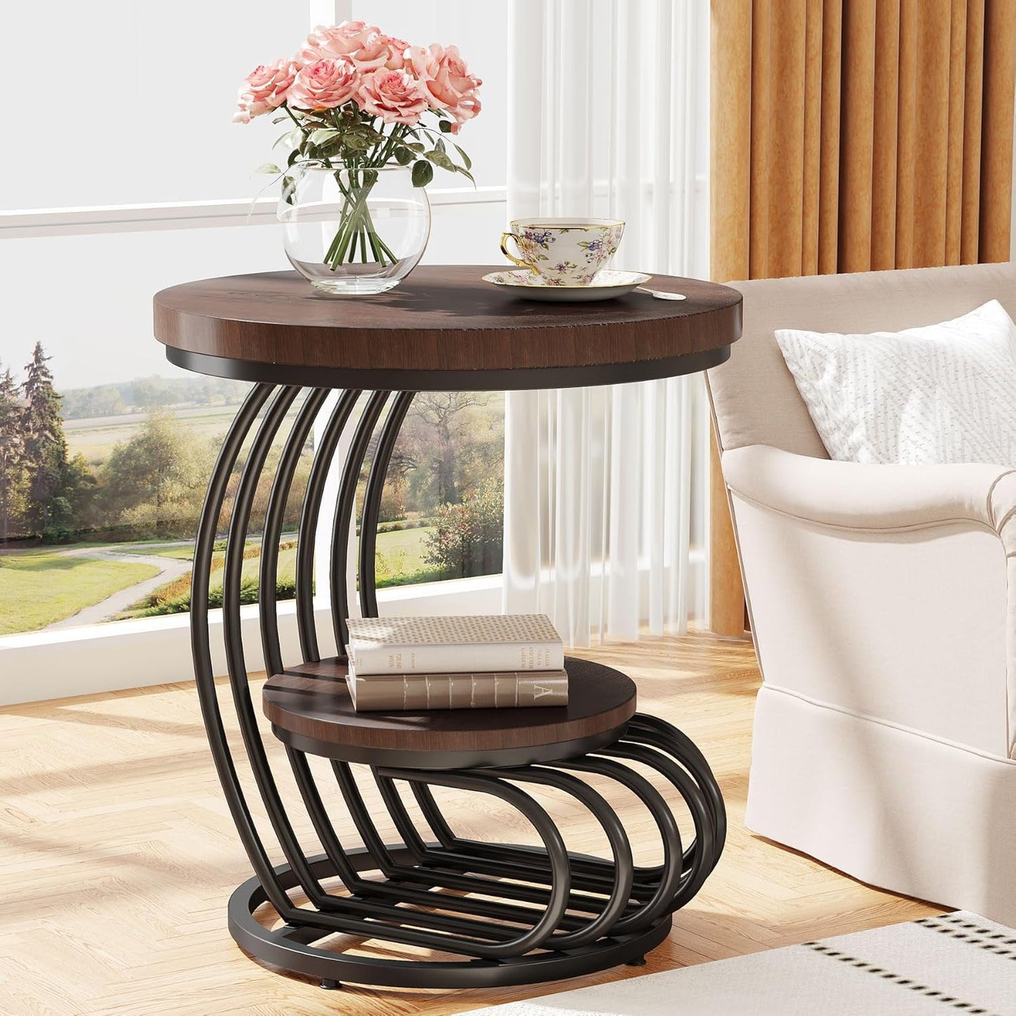 Tribesigns Round End Side Table: 2 Tiers Side Table Set of 2, Vintage End Table for Living Room, Small Bedside Table Accent Table with Arc-Shaped Frame, Rustic Brown