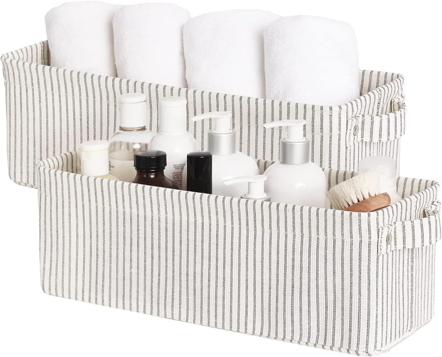 StorageWorks Narrow Storage Bins, Small Basket for Closet and Shelves, Fabric Organizer with Handles, Toilet Paper Storage, Gray and White Stripes, 2-Pack