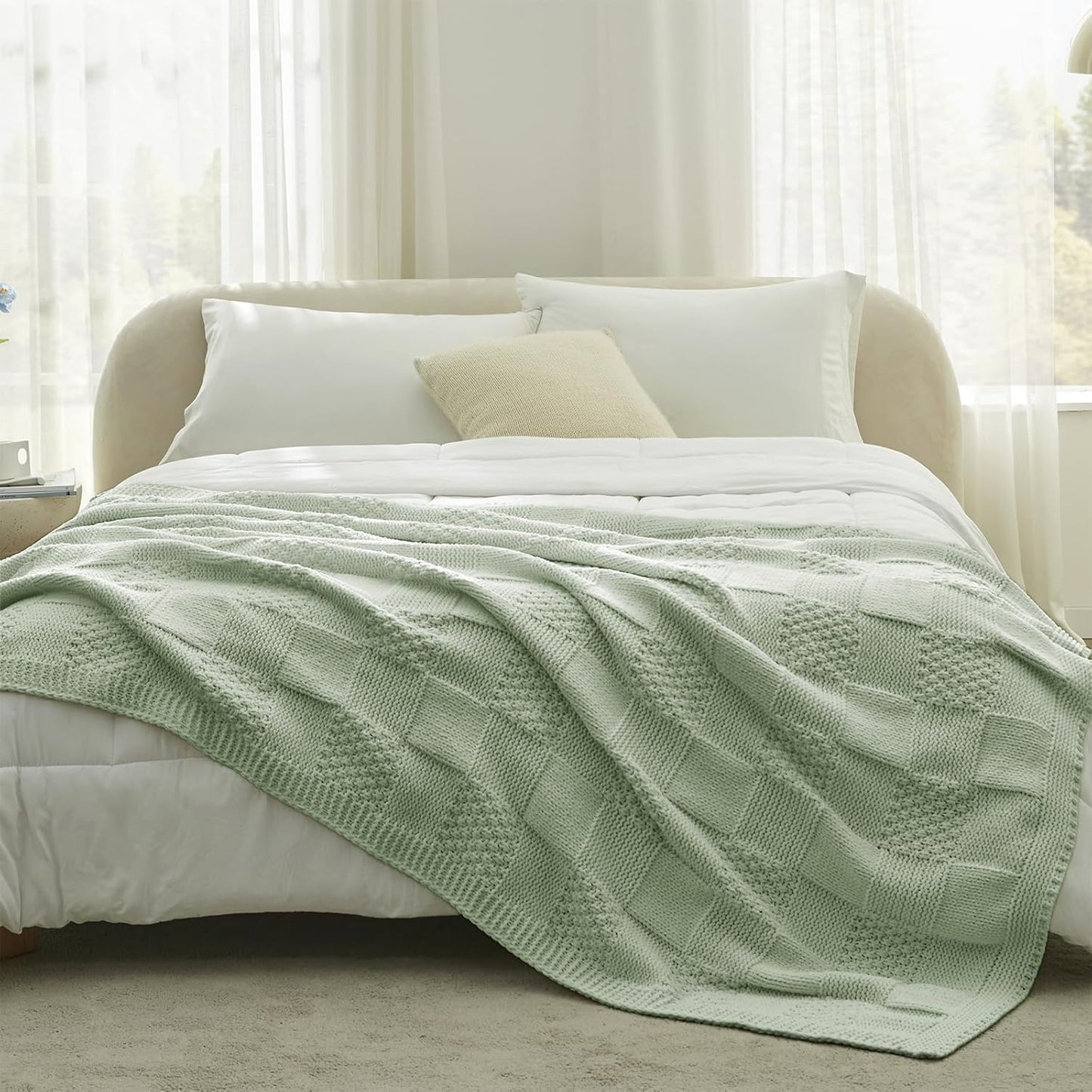 Amélie Home Chenille Knit Throw Blanket for Couch, Checkered Texture Decorative Soft Blanket for Sofa, Bed & Living Room, 60"x80", Sage Green