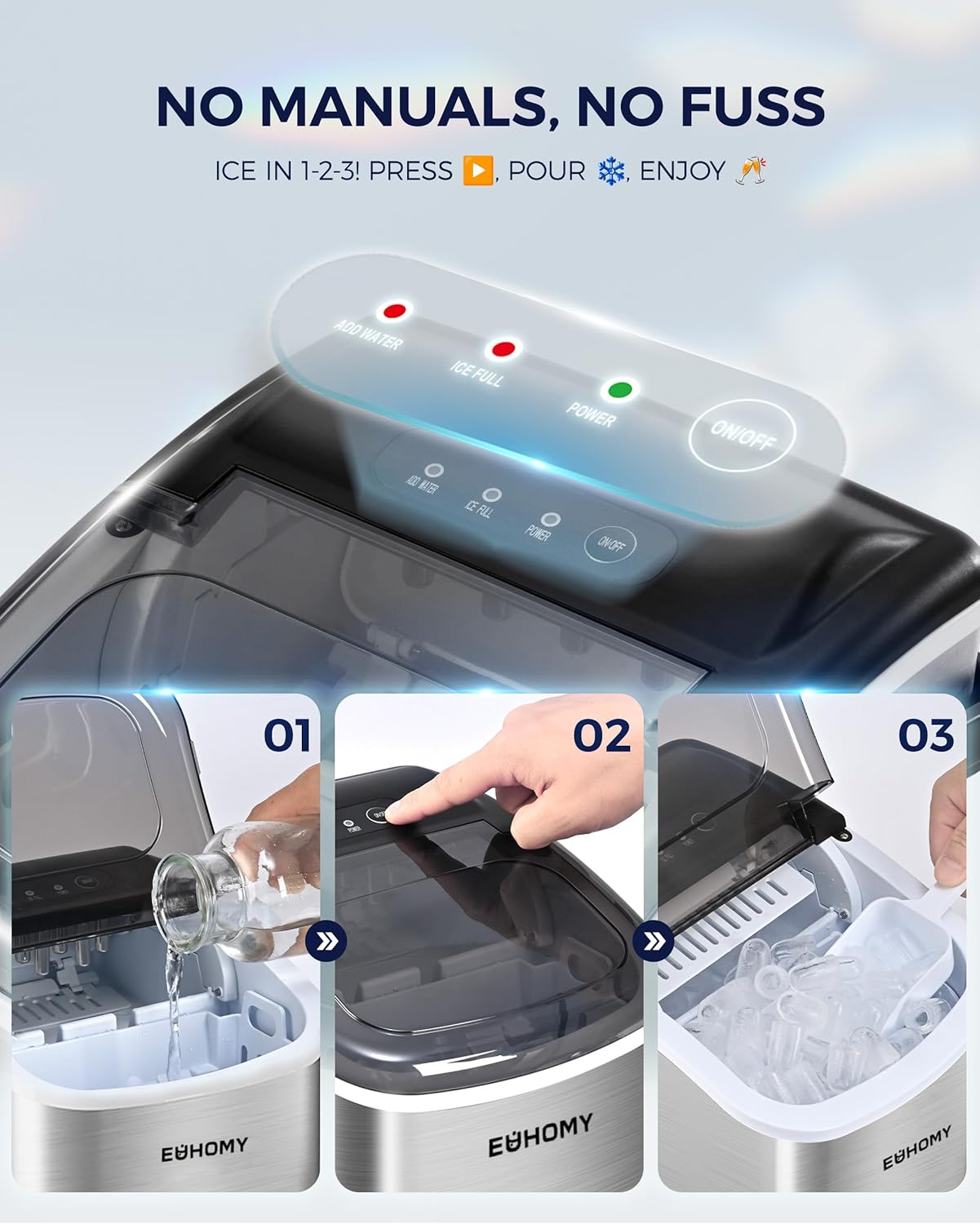 EUHOMY Countertop Ice Maker Machine with Handle, 26lbs Per Day, 9 Ice Cubes Ready in 6 Mins, Auto-Cleaning Portable Ice Maker with Basket and Scoop, for Home/Kitchen/Camping/RV (Silver)