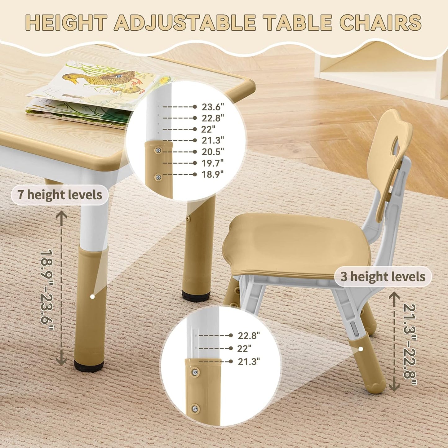 Kids Study Table and Chairs Set, Height Adjustable Toddler Table and Chair Set for Kids Ages 3-8, Graffiti Desktop (Wooden Brown)