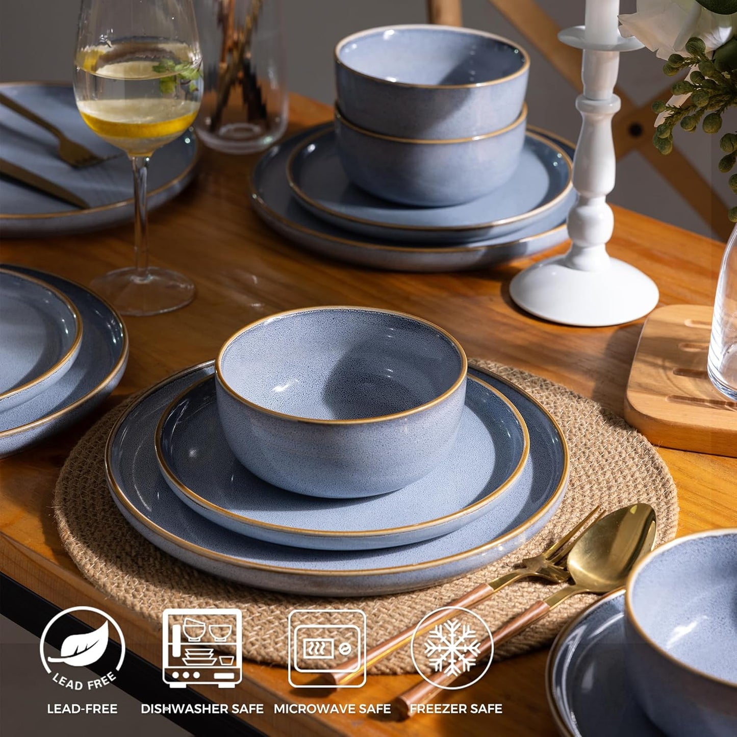 GBHOME Ceramic Dinnerware Sets for 6, 18 Pieces Stoneware Plates and Bowls Sets, Scratch Resistant Dish Sets for Dinner, Dishwasher & Microwave Safe, Brunnera Blue