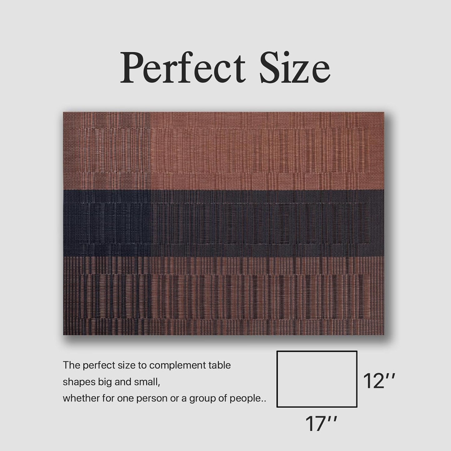 Placemats Set of 12 - Easy Clean Woven Vinyl Placemats for Dining Table, Indoor/Outdoor Place Mats, Washable PVC Table Mats （Ombre Brown Black）