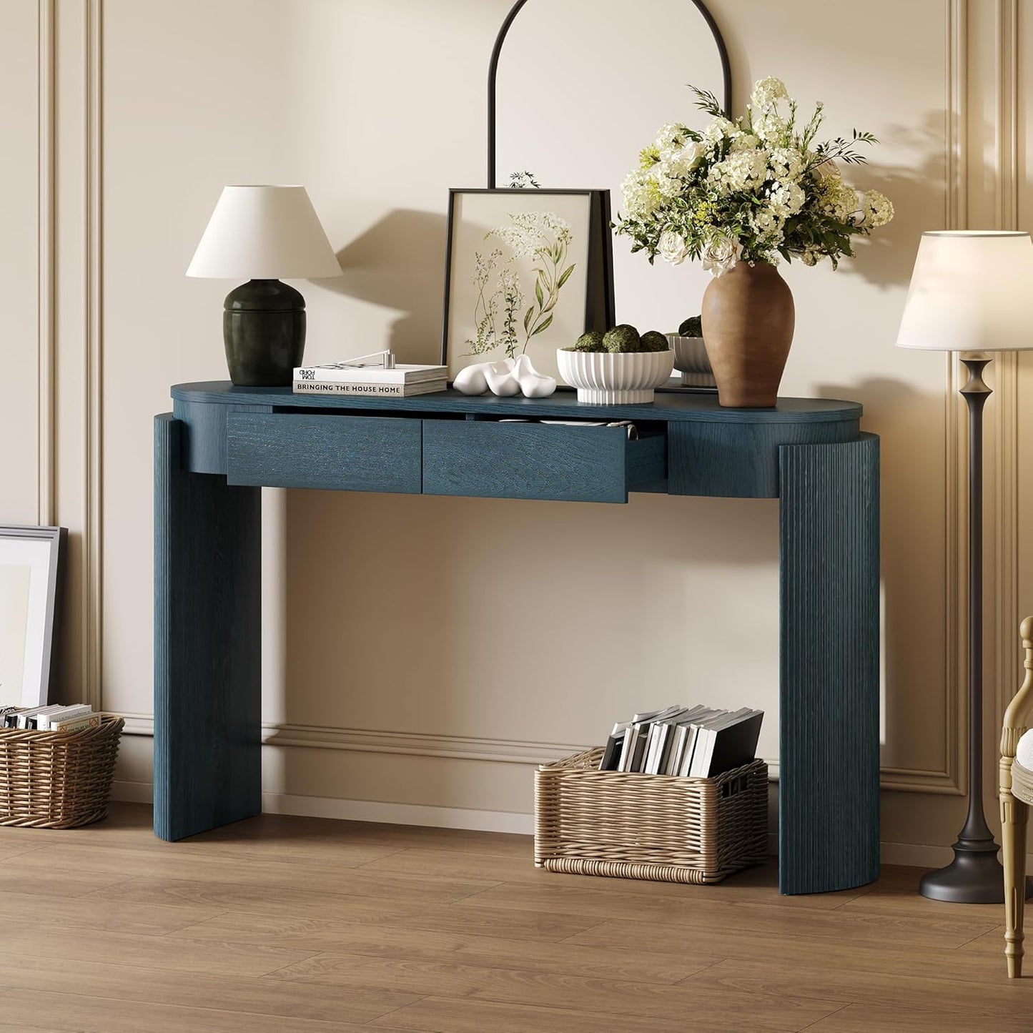 55" Sofa Table with Oval Top and 2 Drawers, Entryway Console Table with Fluted Design for Hallway,Foyer,Entry and Living Room (Fully Assembled-Navy)