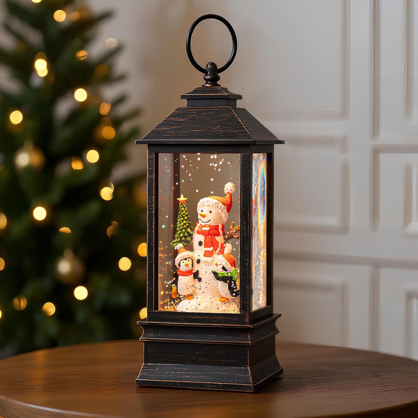 10'' Musical Snow Globe Lantern Lighted Snowman with Penguin Water Lantern Swirling Glittering Home Decoration and Gift, Battery Operated or USB Powered
