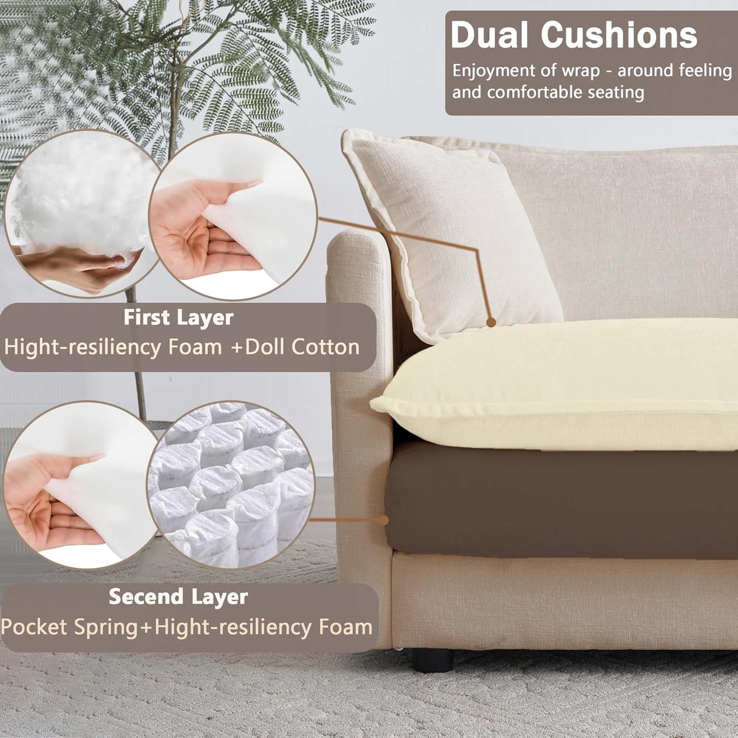Sectional Sofa 3 Seater with Movable 1 Ottoman,Oversized Modular Couch Deep Seat (Light Coffee, 111.5 inch-L)