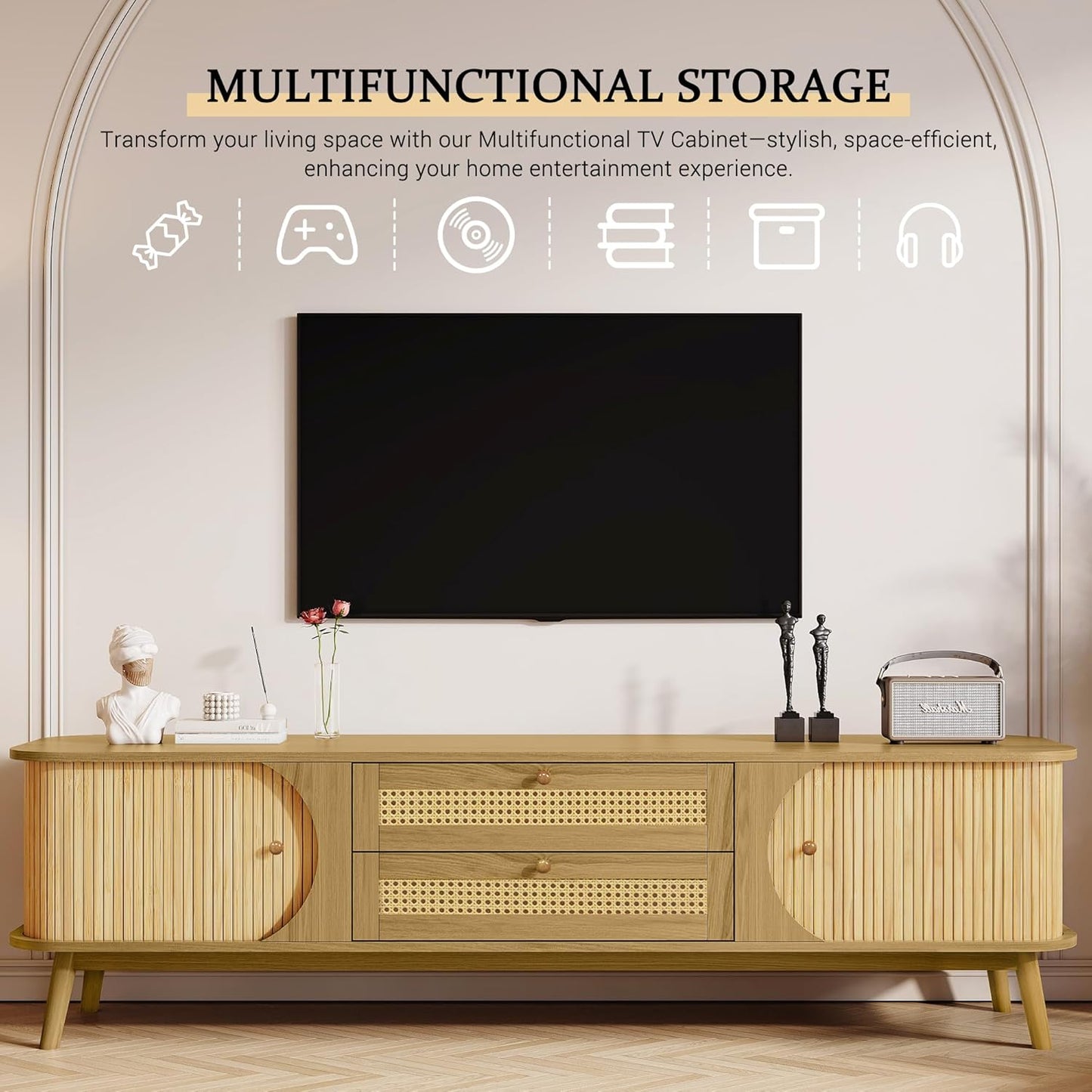 Merax Modern Fluted TV Stand for 75" TVs, Mid-Century Entertainment Center Tambour Door Media Console TV Cabinet with Rattan-Front Drawer for Living Room, Curved Profile Design