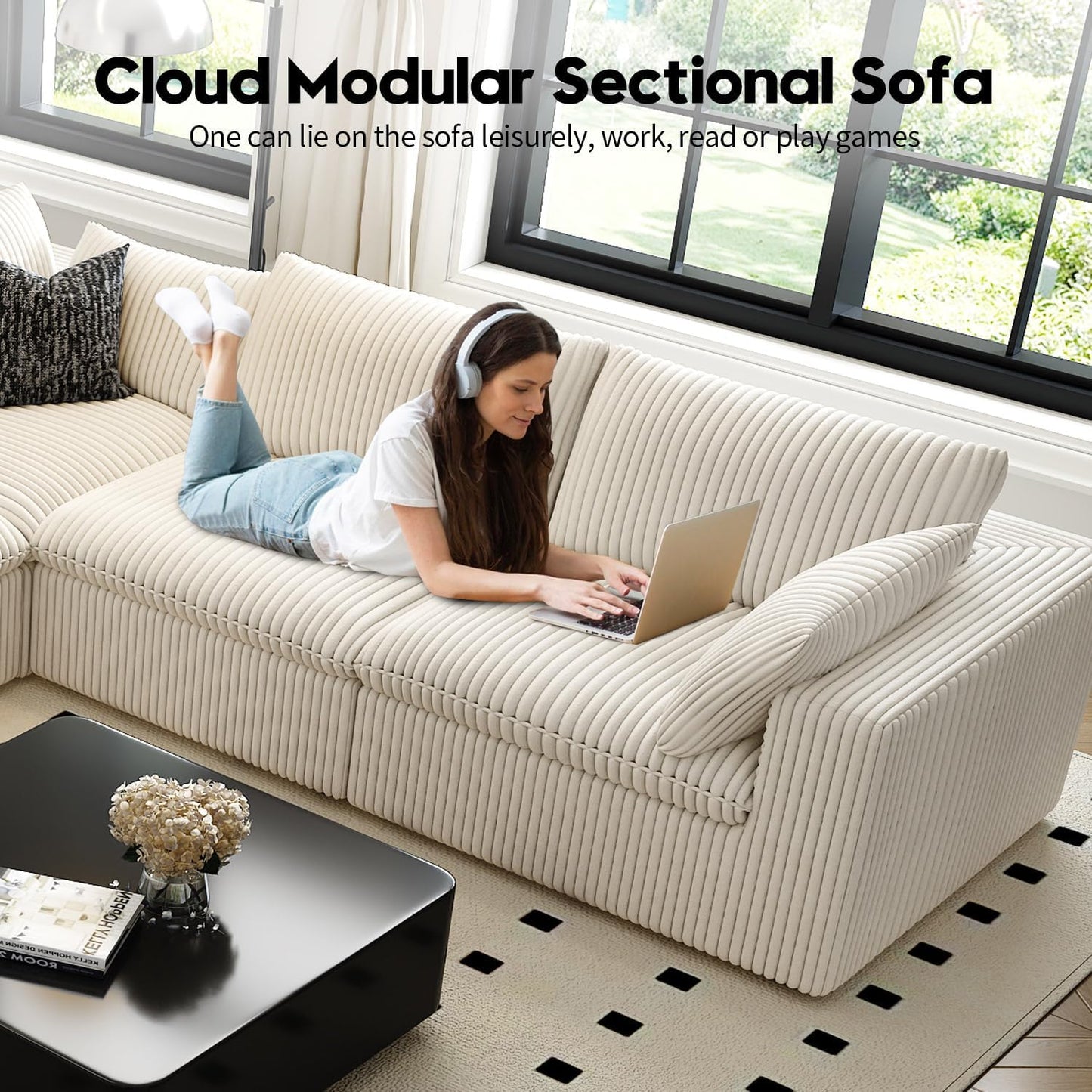 118" Cloud Couch Modular Sectional Sofa for Living Room,Modern Sofa with Deep Seat，3 Seater Boneless Couch,Comfy Upholstered Corduroy Couches for Apartment, Studio, Office,Bedroom，White