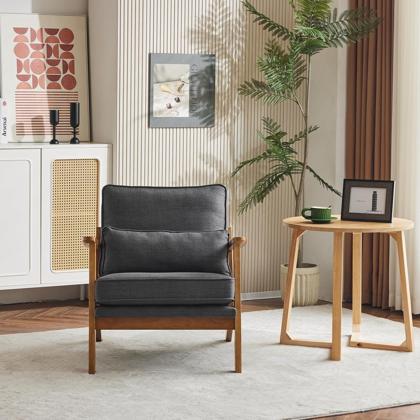 Karl home Accent Chair Wide Armrest Mid-Century Lounge Chair Linen Fabric Armchair with Lumbar Pillow & Solid Wood Frame for Living Room, Bedroom, Balcony, Gray