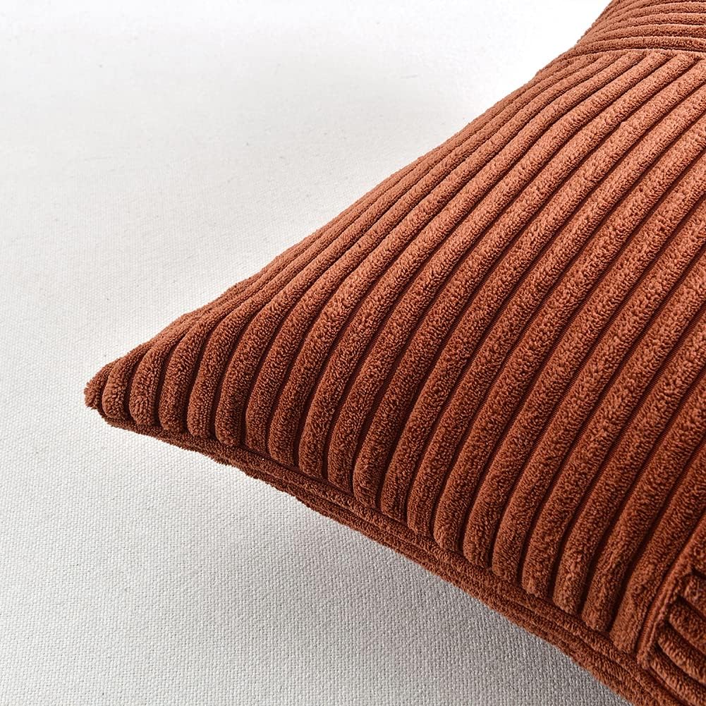 Fancy Homi 2 Packs Rust Lumbar Decorative Throw Pillow Covers 16x32 Inch for Couch Bed Sofa, Rustic Farmhouse Boho Home Decor, Soft Striped Corduroy Rectangle Accent Terracotta Cushion Case 40x80 cm