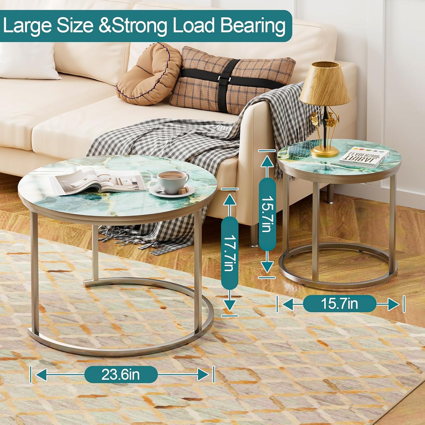 aboxoo Coffee Table Nesting Side Round Set of 2 End Table Green Art Table Top Sturdy Metal Frame Desk Centerpiece Living Room Bedroom Apartment Modern Industrial Simple Nightstand