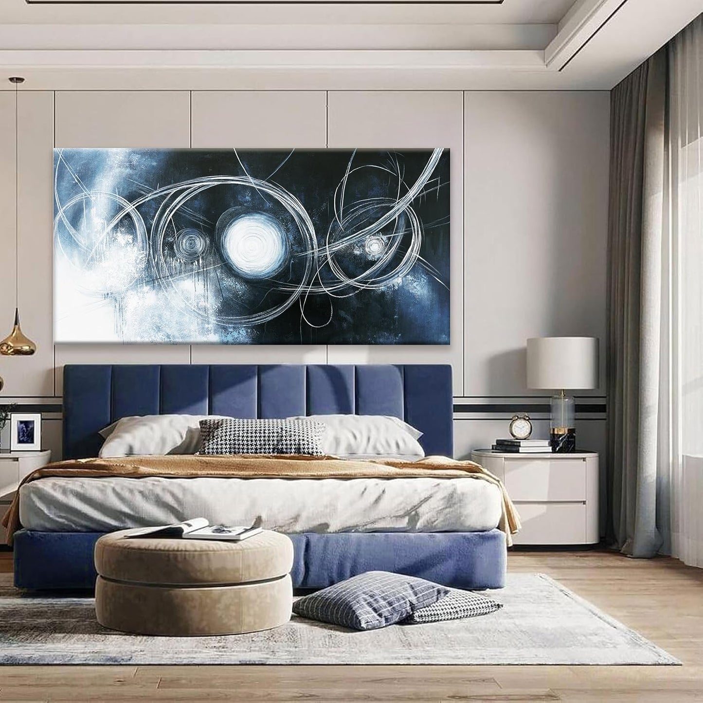 TAIJXAGSG Abstract Wall Art Modern Wall Decorations Maximalist Dark Blue Canvas Wall Art Decor Prints White Line Artwork For Living Room Bedroom Kitchen Office Artwork Ready To Hang 24"×48"