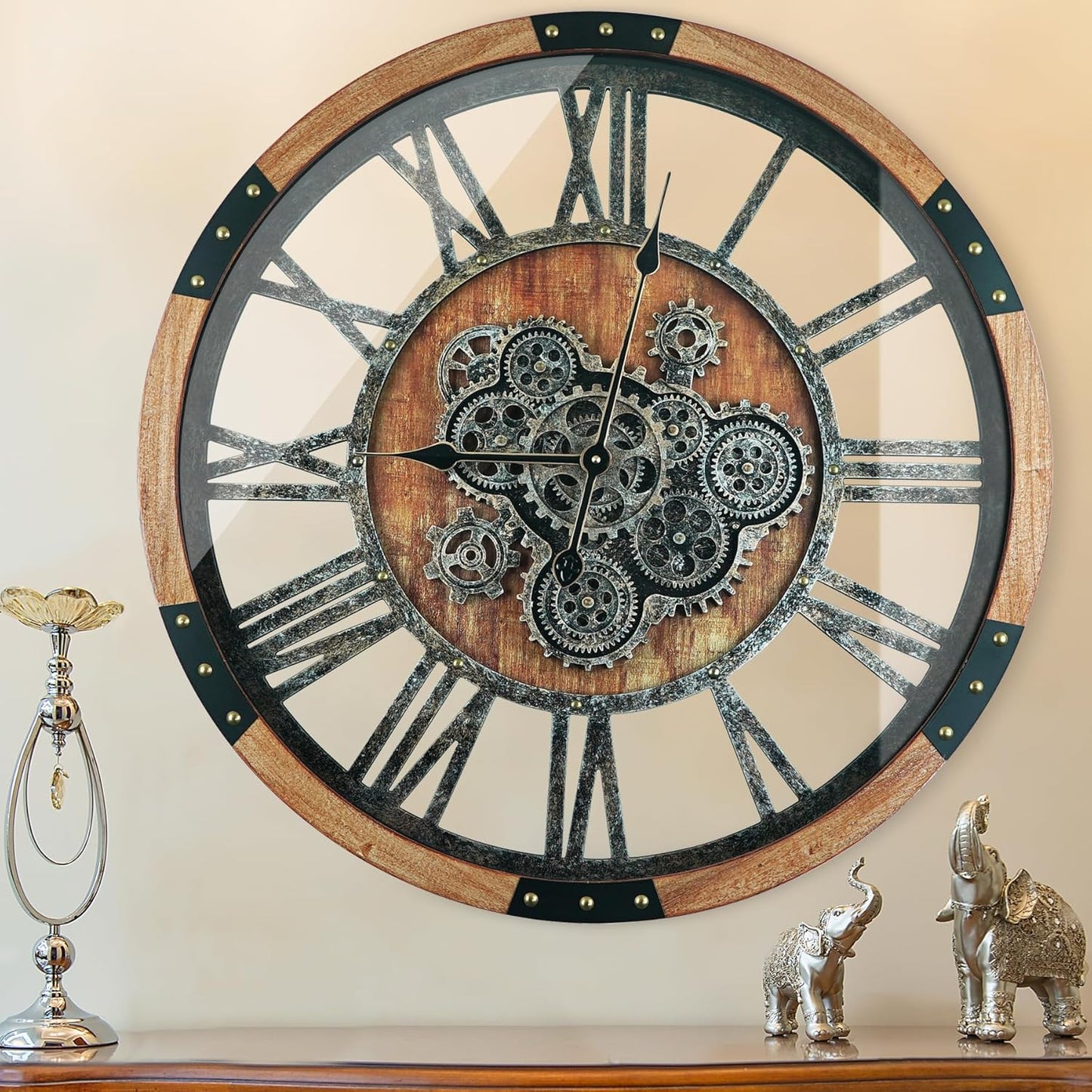 24 Inch Moving Gear Wall Clock, Oversized Wall Clocks, Clock Living Room Decor, Solid Wood Frame, Battery Operated, Large Wall Clock with Steampunk Industrial for Fireplace(Brown)