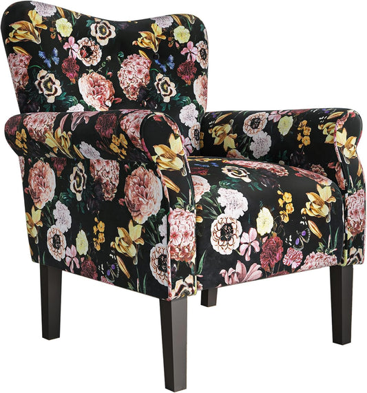 BELLEZE Modern Accent Chair for Living Room, High Back Linen Armchair with Wooden Legs, Upholstered Wingback Side Chair Padded Armrest Single Sofa for Living Room, Bedroom - Allston (Black & Flower)