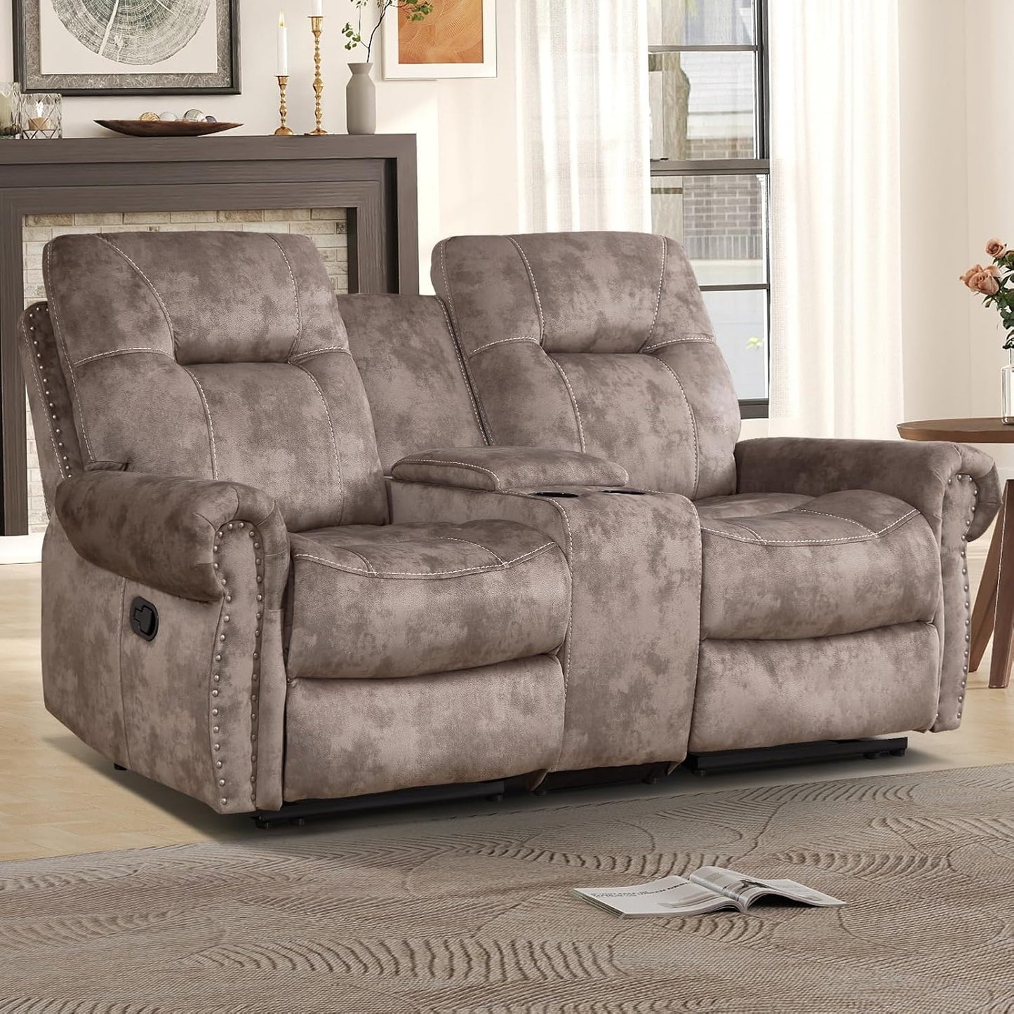 EBELLO Manual Recliner Loveseat Sofa, 2 Seater Reclining Couch Chair with Center Console, Hidden Storage and Cup Holders, Vintage Rivet Mid-Century Design for Living Room, Meeting Room, Brown