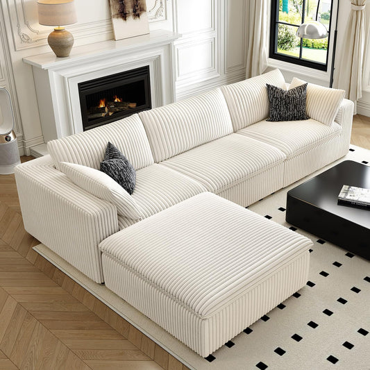 118" Cloud Couch Modular Sectional Sofa for Living Room,Modern Sofa with Deep Seat，L-Shape Boneless Couch with Ottoman,Comfy Upholstered Corduroy Couches for Apartment, Studio, Office,Bedroom，White