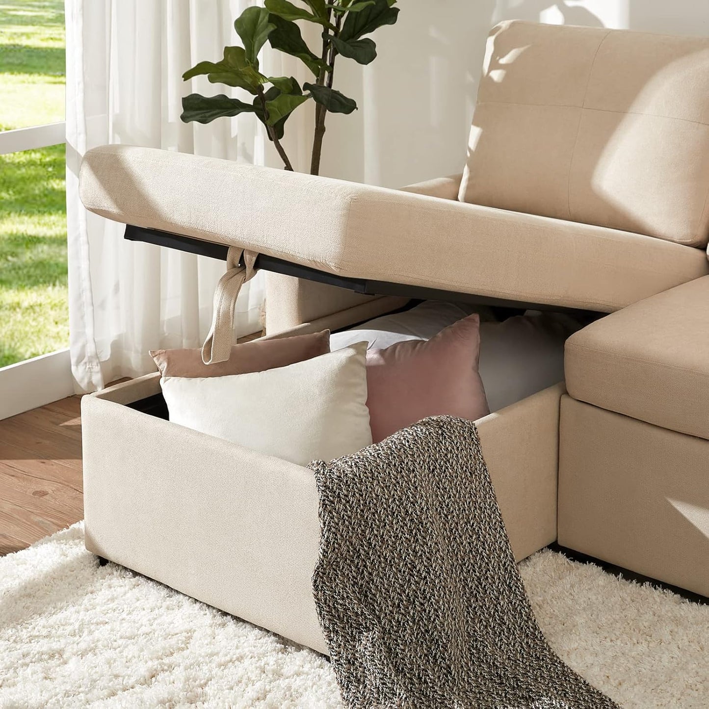 VanAcc Sleeper Sofa, Sofa Bed- 2 in 1 Pull Out Couch Bed with Storage Chaise for Living Room, Comfy Sleeper Couch, Beige Chenille