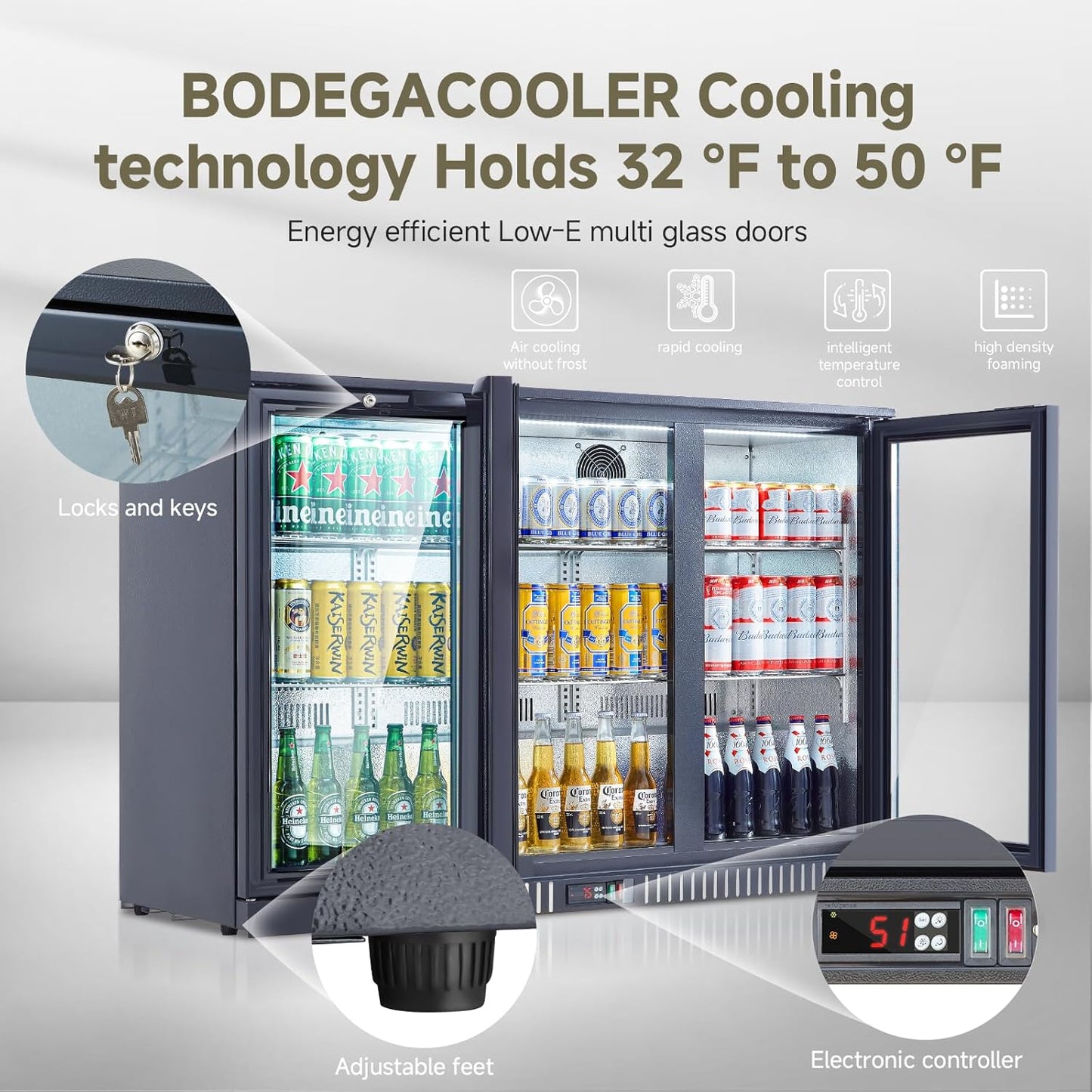 BODEGACOOLER Back Bar Cooler With 3 Glass Doors,11.4 Cu.Ft Commercial Back Bar Fridge with LED Lighting,Counter Height Bar Outdoor Beverage Cooler for Beer,Soda Drinks,Wine