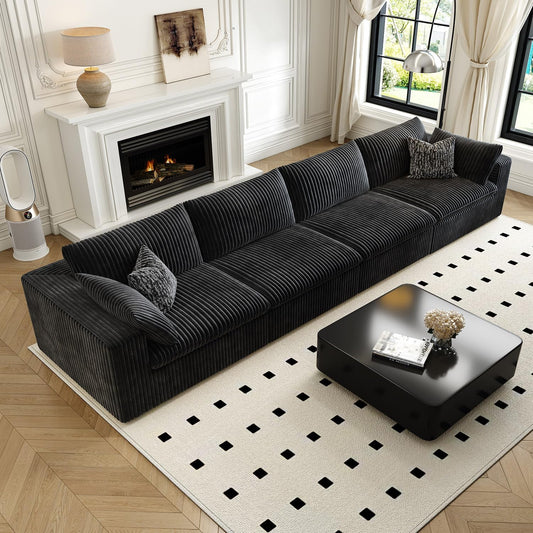 157.5" Cloud Couch Modular Sectional Sofa for Living Room,Modern Sofa with Deep Seat，4 Seater Boneless Couch,Comfy Upholstered Corduroy Couches for Apartment, Studio, Office,Bedroom，Black
