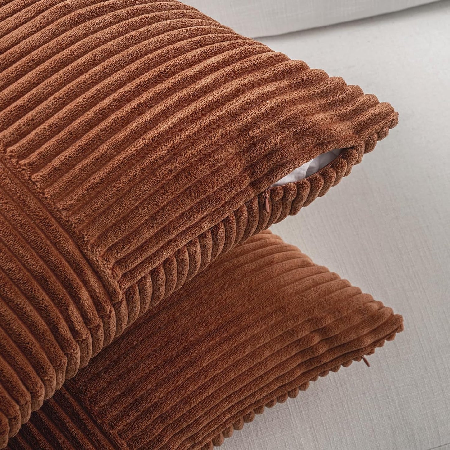 Fancy Homi 2 Packs Rust Euro Decorative Throw Pillow Covers 26x26 Inch for Bedroom Bed, Farmhouse Boho Home Decor, Soft Corss Corduroy Patchwork Textured Square Terracotta Cushion Case 66x66 cm
