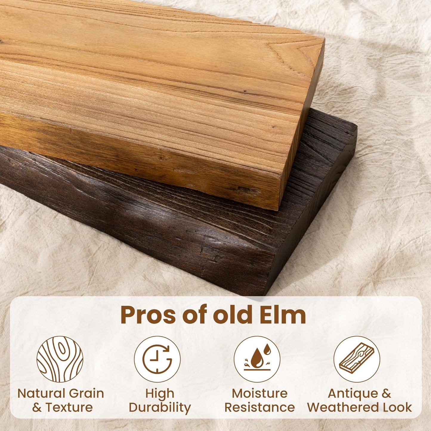 Solid Elm Wood Floating Shelves, 36 Inch Wood Floating Shelves for Wall, Live Edge Wooden Shelves Wall Mounted for Books, Bathroom, Kitchen, Walnut Color, Set of 2