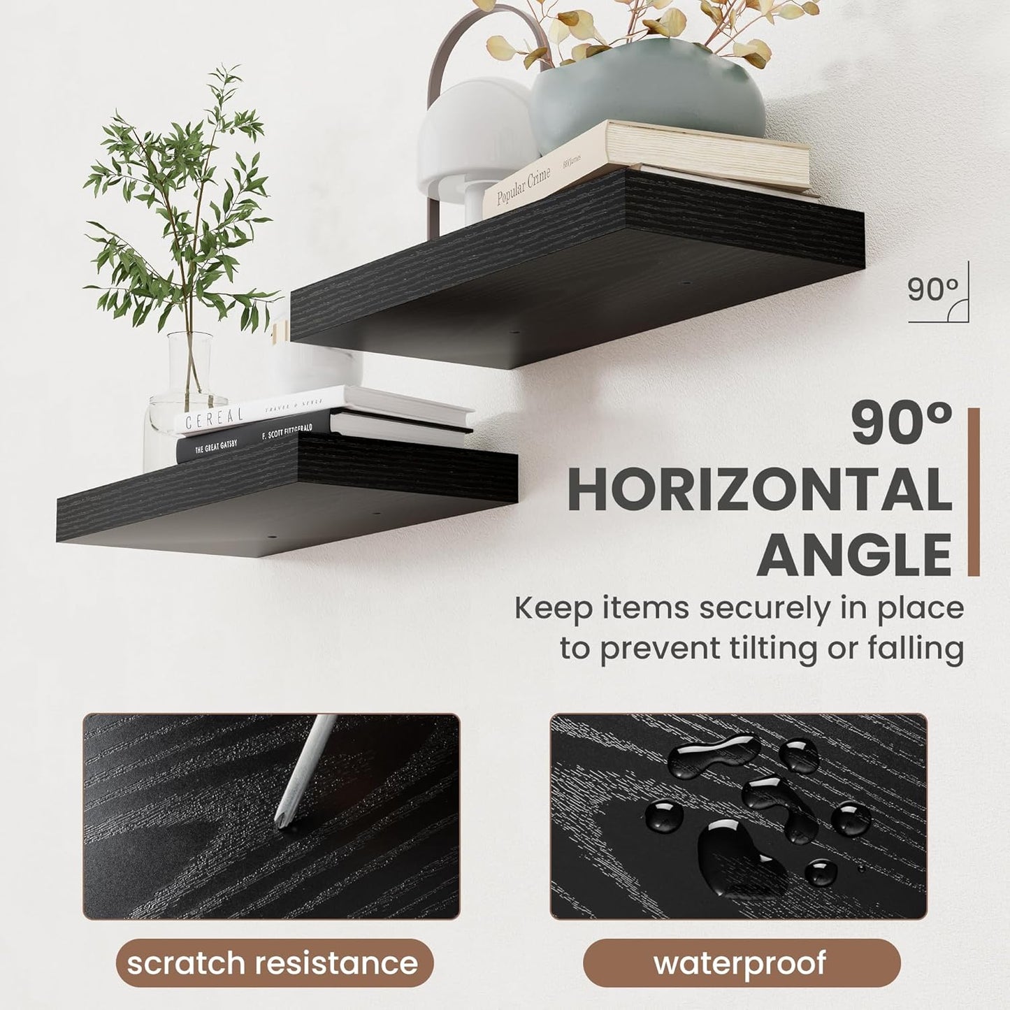 40 Inch Floating Shelves, 8 Inch Deep Floating Shelves for Wall, Hanging Shelf with Invisible Brackets, Deep Shelves for Bathroom, Bedroom, Living Room, Black, Set of 2
