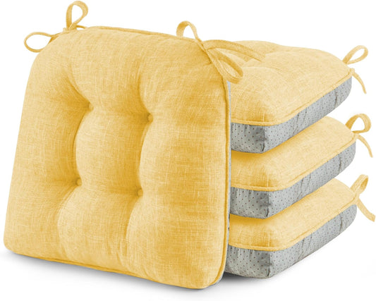 puredown® Chair Cushions for Dining Chairs, Tufted Memory Foam Chair Pads with Non-Slip Backing, Kitchen Seat Cushions with Ties, Washable Pads Set of 4, 15.5" x 15.5" x 4", Yellow