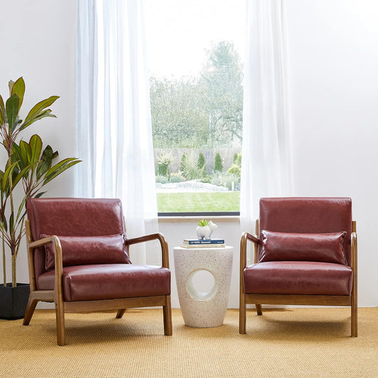 Glitzhome 2 Set Mid Century Red Accent Armchair, Single Reading Armchair PU Leather Lounge Chair with Walnut Ruberwood Frame