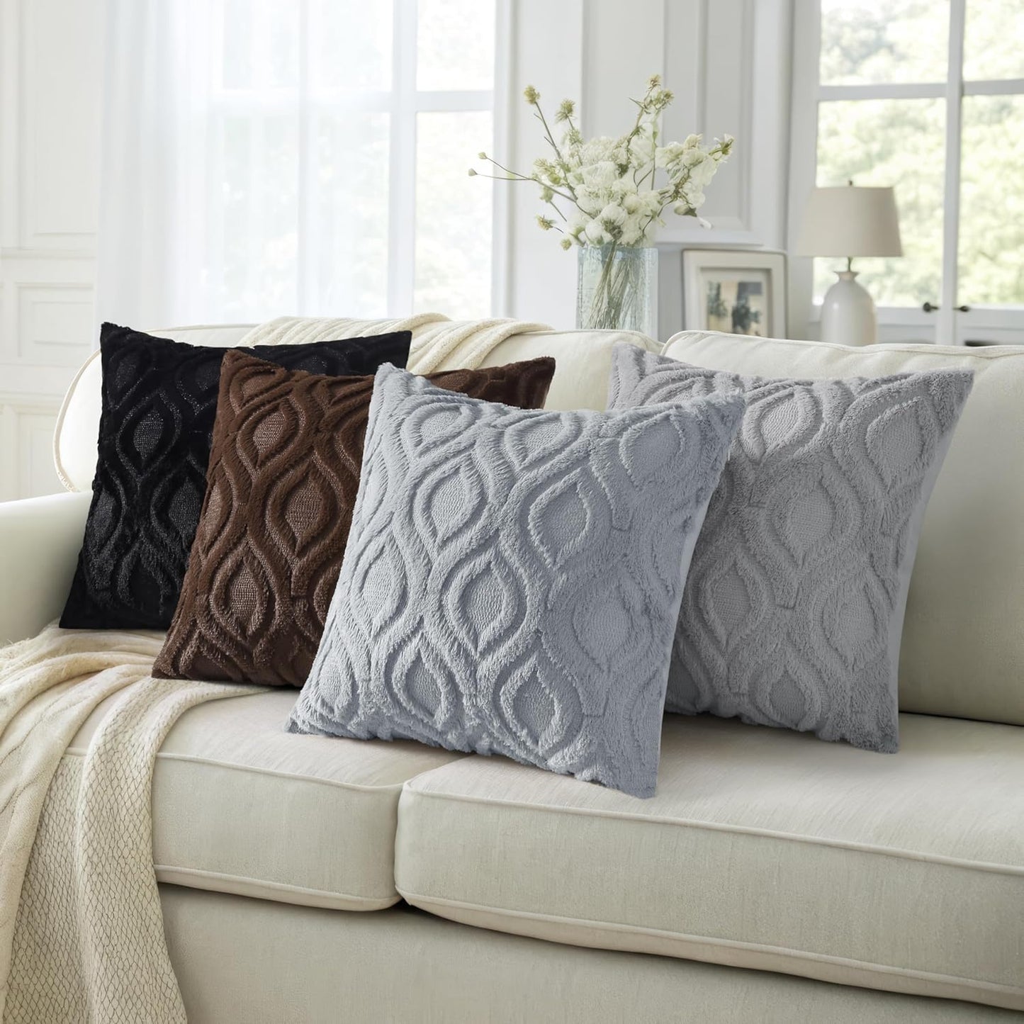 decorUhome Fall Throw Pillow Covers 26x26 Inch Set of 2, Soft Plush Decorative Faux Fur Black Solid Couch Pillow Covers, Accent Farmhouse Neutral Square Euro Pillow Cases for Sofa Bed Living Room