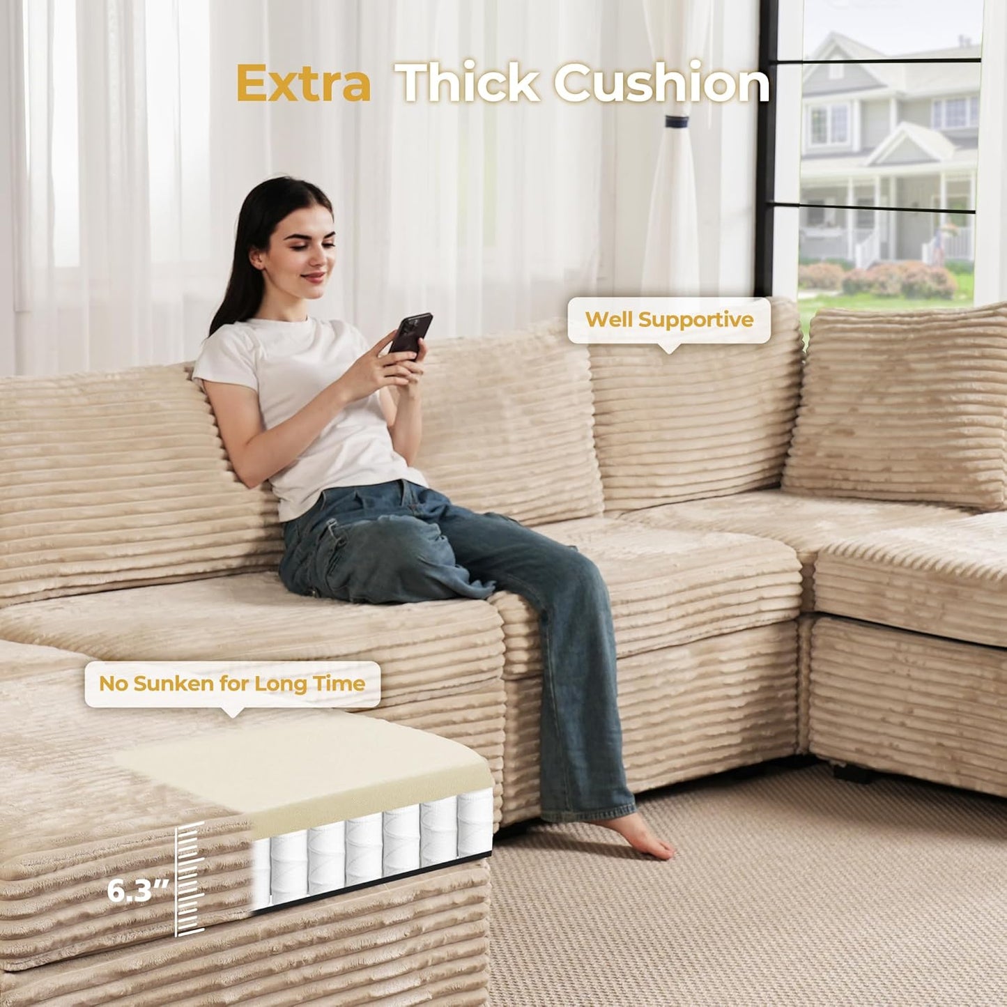 HOOOWOOO Modular Sectional Sofa,6 Pieces Sectional Couches for Living Room,131X66 L Shaped Cloud Couch with Ottoman Chaise Set(Beige Velvet Corduroy)