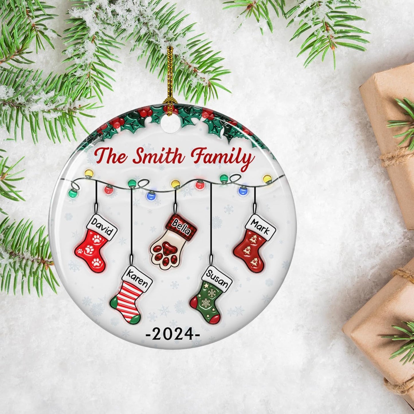 Stocking Personalized Family Christmas Ceramic Ornament 2025-3D Inflated Effect Custom Name Hanging Stock up to 10 Members, First Xmas as A Family Ornament Gifts (A04, 10 Names)
