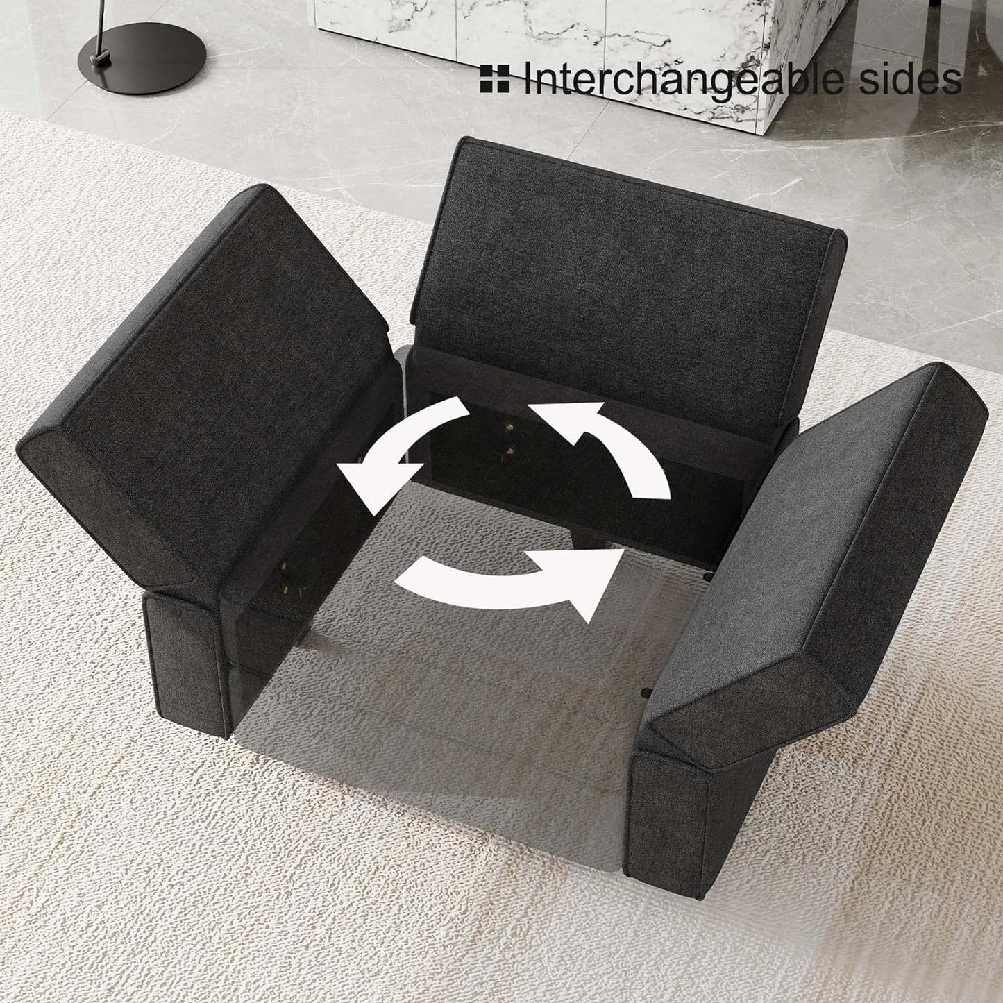 Bellfin Modular Sectional Sleeper Sofa Convertible Sofas with Storage Ottomans Small Sectional Couches for Living Room. Black Couch