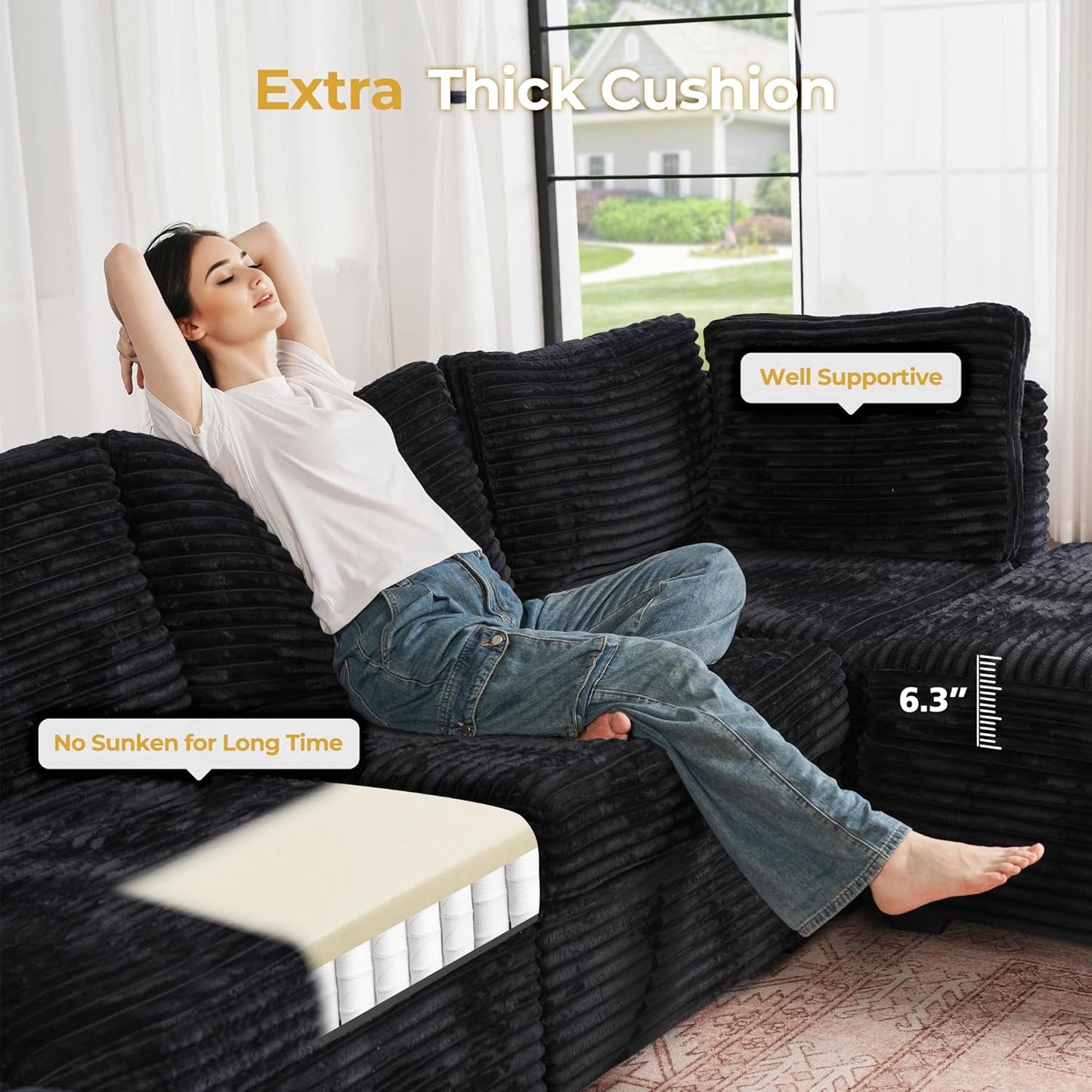 HOOOWOOO Modular Sectional Sofa,5 Pieces Sectional Couches for Living Room,131X66 L Shaped Cloud Couch Set(Black Velvet Corduroy)