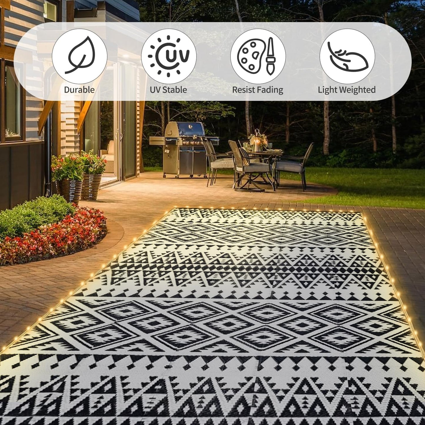 8x10ft Waterproof Outdoor Rug with LED Lights, Bohemia Reversible Plastic Straw Mat for Patio RV Camping Picnic Balcony Beach Deck Indoor Outdoor Carpet, Black&White