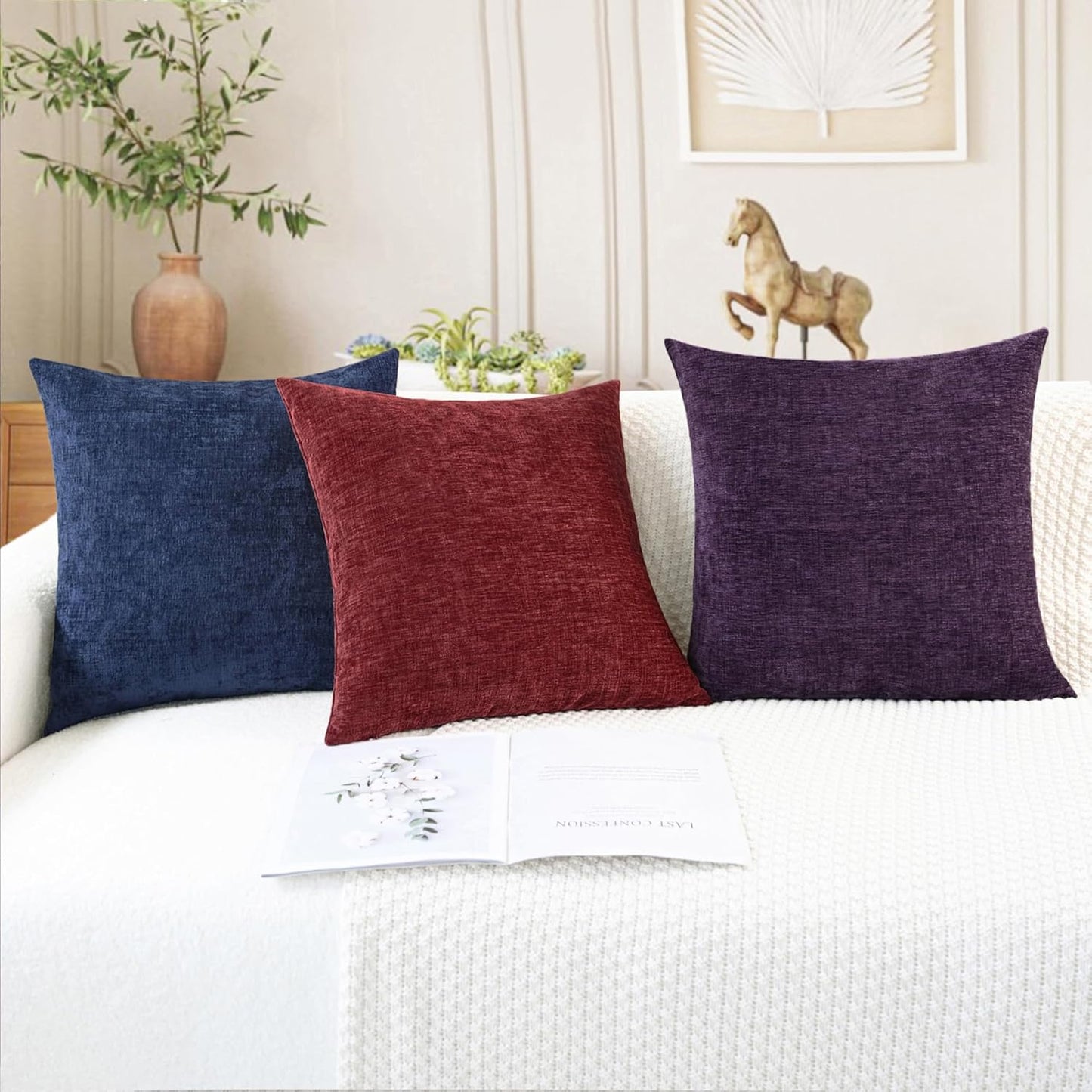 CaliTime Throw Pillow Covers Decorative 22 X 22 Inches Pack of 2 Cozy Chenille Cushion Cases for Couch Sofa Bed Living Room Home Plum Purple
