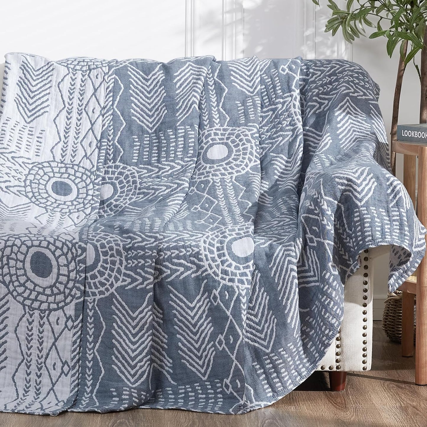 JINCHAN Boho 100% Cotton Muslin Blanket 3-Layer Twin Size Geometric Lightweight Reversible Soft Cozy Throw for Couch Sofa Bed All Season Coverlet Ideal Gift Bedroom Living Room Decor Blue 60x80 Inches