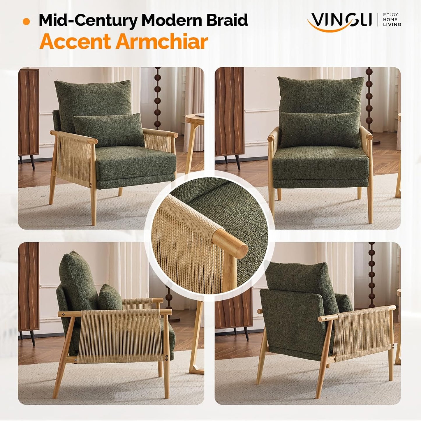 VINGLI Boho Braid Accent Armchairs Set of 2,Mid-Century Modern Chiars with Solid Wooden Armrest,Comfy Louge Cushion Chairs with Waist Pillow for Bedroom,Living Room,Reading Room, Dark Green