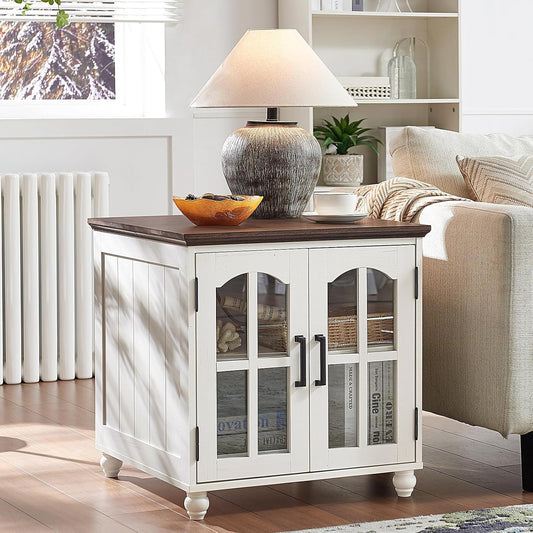 Farmhouse End Table with Charging Station,24" Large Sofa Side Table with Glass Barn Door,Rustic Wood Night Stand with Adjustable Storage Shelf,Square Bedside Table for Living Room,Bedroom Office