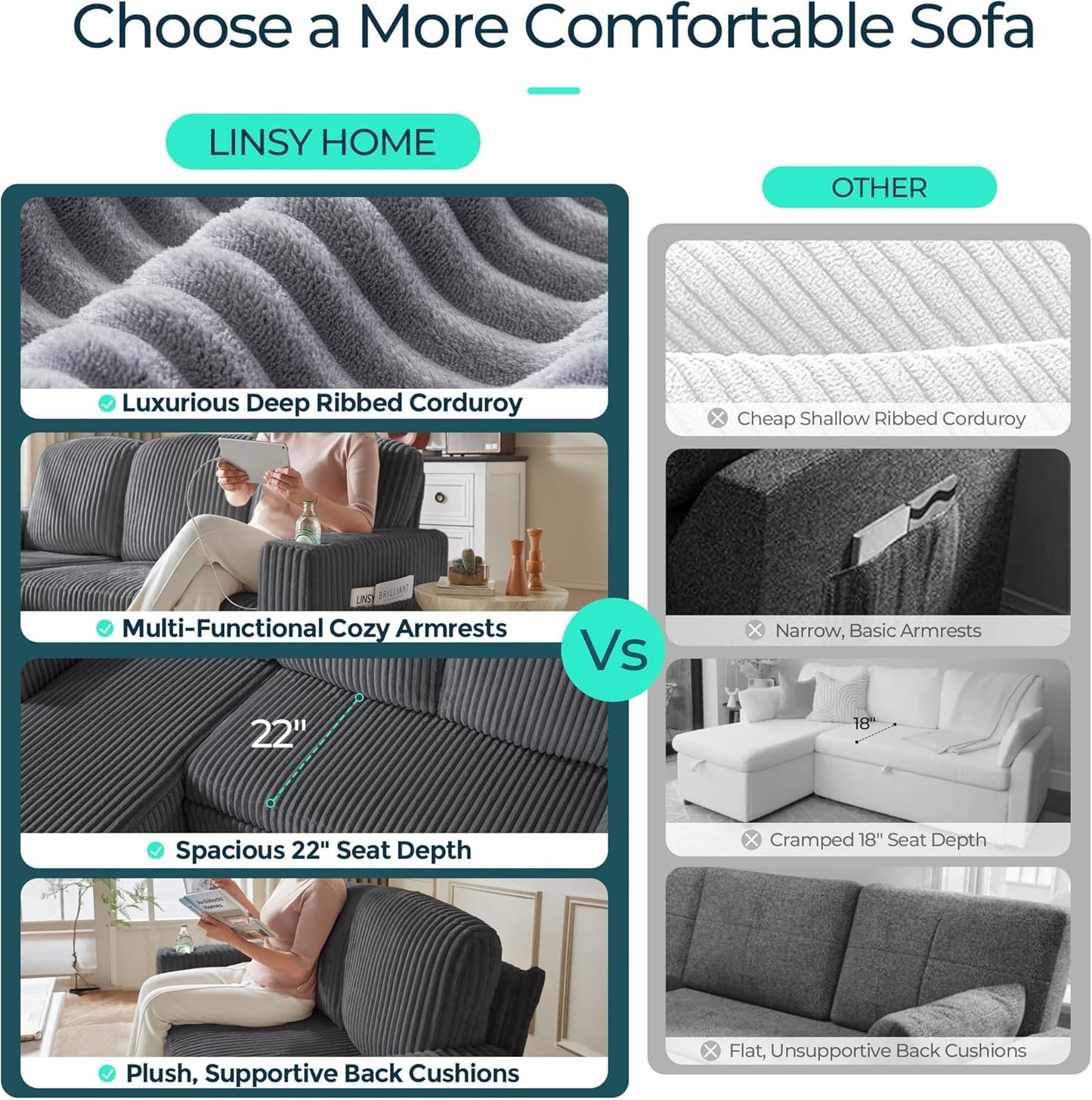 LINSY HOME Sectional Sleeper Sofa with Pull Out Couch Bed - Convertible Plush Corduroy Cloud Couch with Storage Chaise & USB Charging, Comfy U Shaped Modular Couches for Living Room, Grey