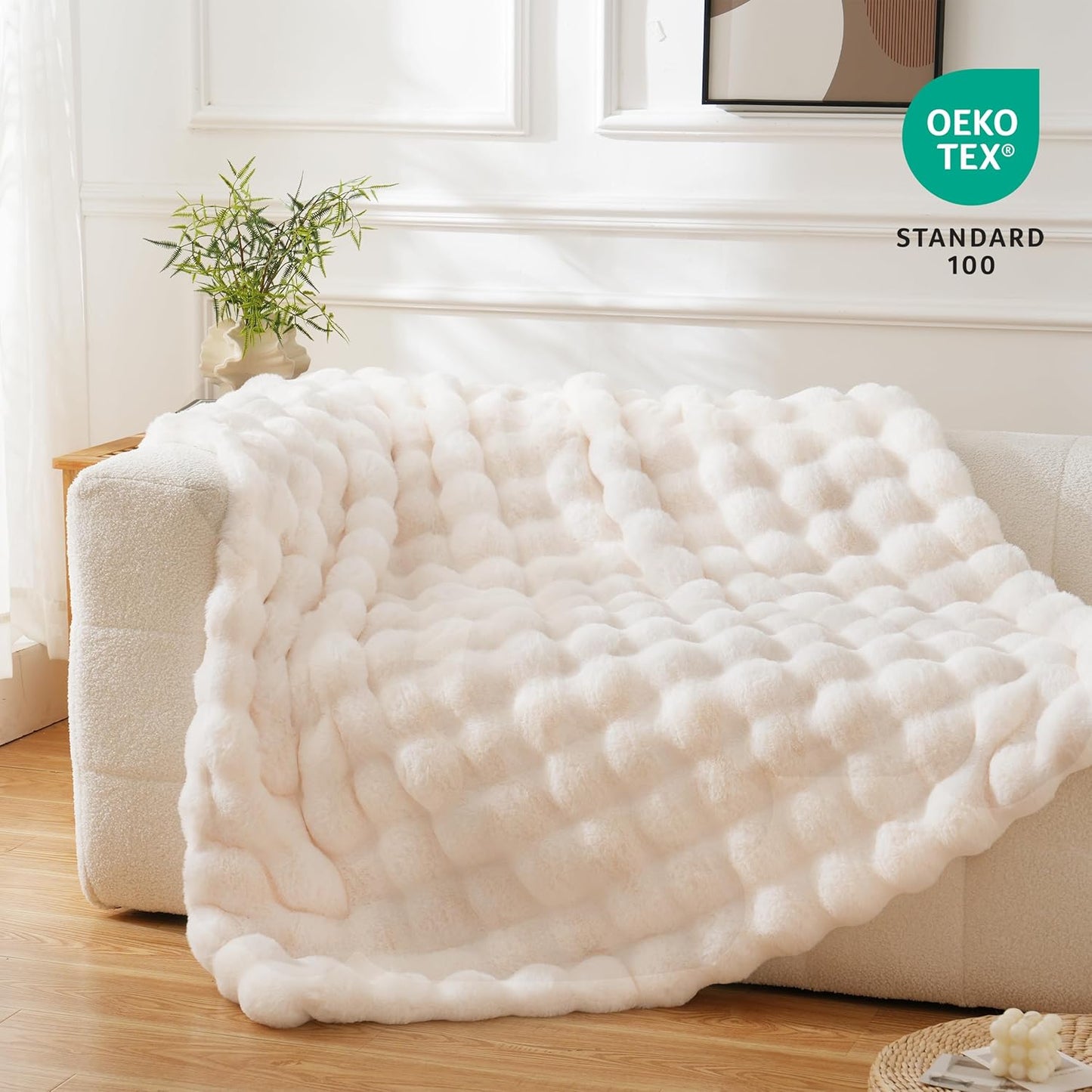 BENVWE Faux Fur Throw Blanket for Couch Bed - Fluffy Soft Thick Bubble Blanket for Living Room Home Decor - Mothers Day Birthday Gifts for Women, Cream White, 63" x 80"