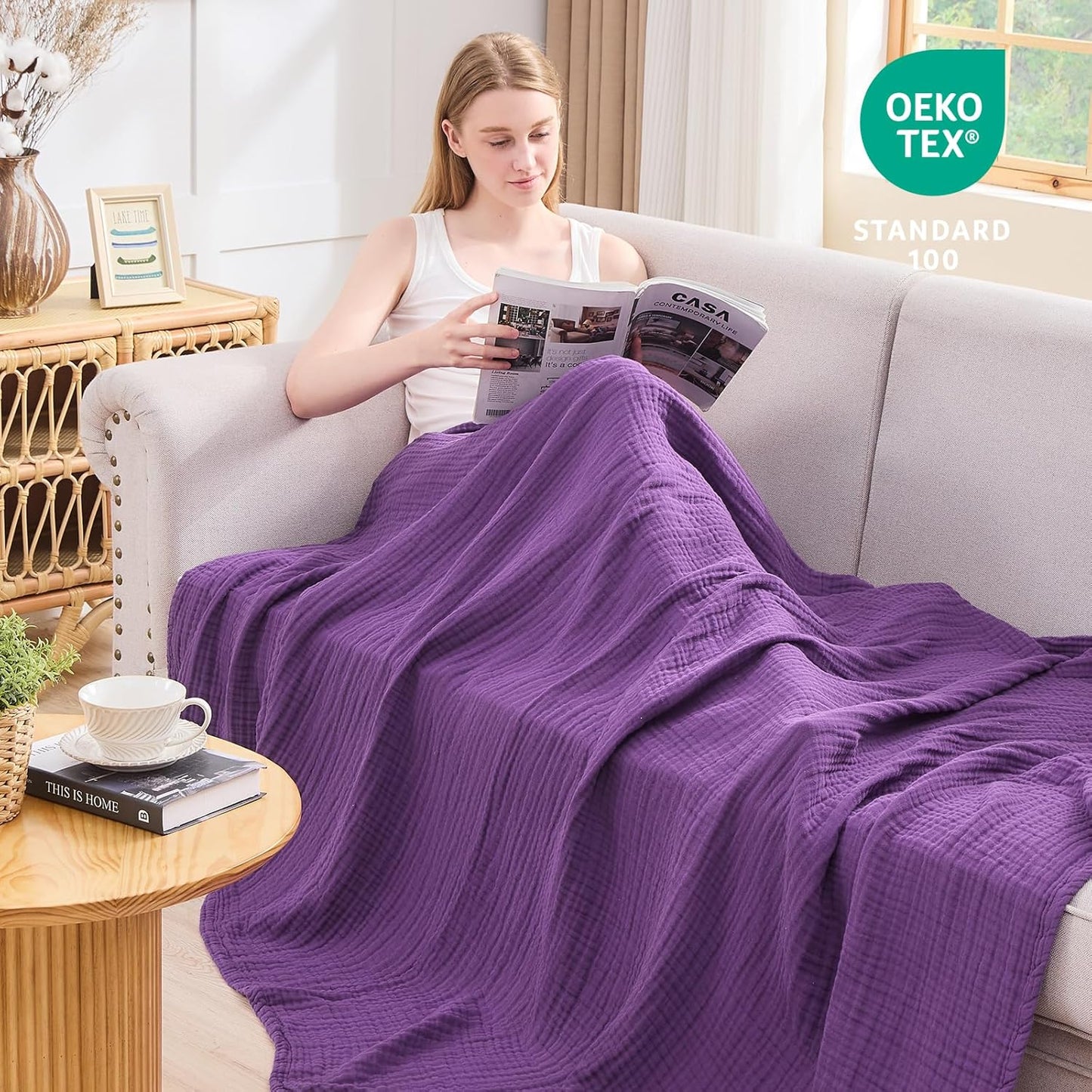 EMME Cotton Muslin King Blanket Bed Layering Breathable Gauze Blanket Soft Lightweight Blankets Adults (Purple, 108"x90")