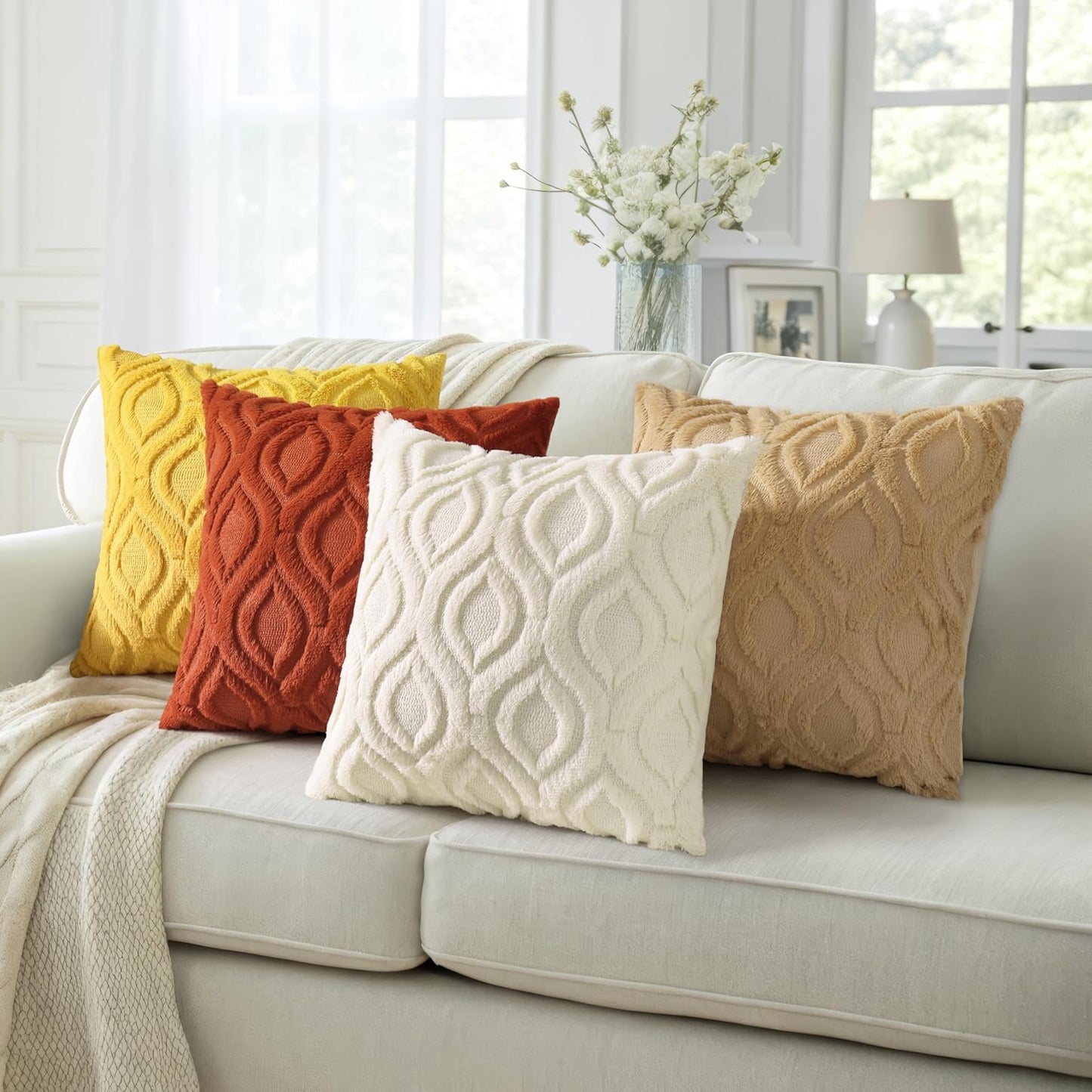 decorUhome Fall Throw Pillow Covers 16x16 Inch Set of 2, Soft Plush Decorative Faux Fur Beige Solid Couch Pillow Covers, Accent Farmhouse Neutral Square Euro Pillow Cases for Sofa Bed Living Room