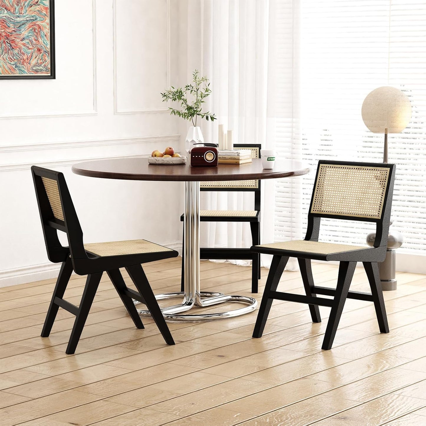 Accent Chair Dining Chairs Set of 2, Solid Wood Frame Boho Rattan Chair, Mid Century Modern Accent Chairs for Living Room Bedroom Dining Room Kitchen(Black)