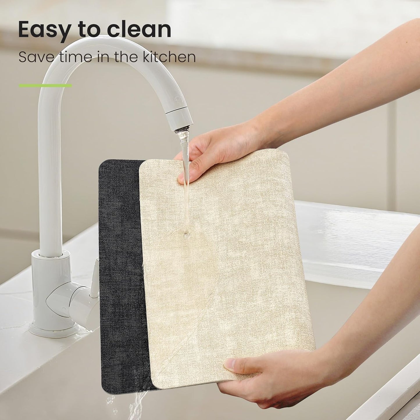 Faux Leather Dual Sided Placemats Set of 6, Square Non-Slip Heat Resistant Placemats with Coaster, Reversible Wipeable Waterproof Table Mats for Kitchen, Dining, Outdoor (6, Black Beige)