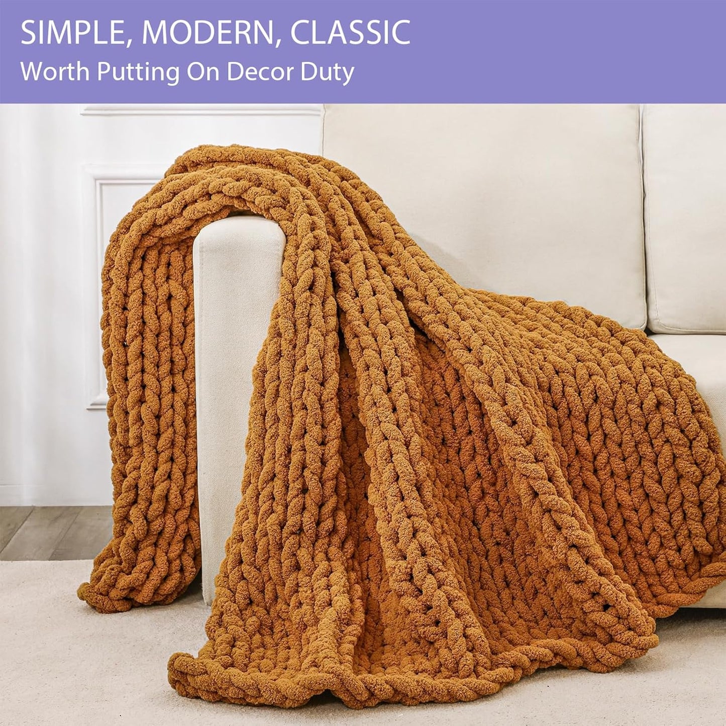 Bigacogo Chunky Knit Throw Blanket for Couch, 40x60 inches, 100% Hand Knitted with Thick Jumbo Chenille Yarn, Cozy Soft Large Rope Knot Cable Crochet Blankets for Sofa Bed Living Room, Burnt Orange