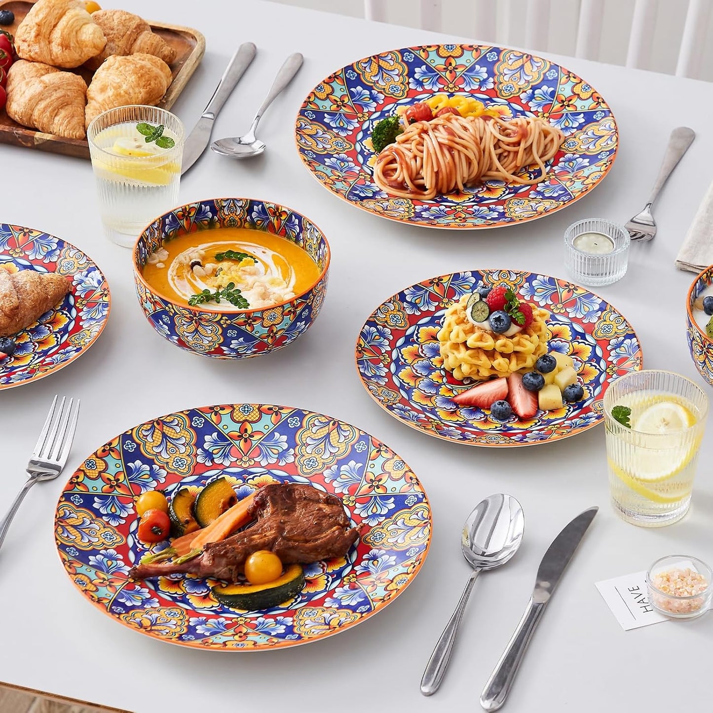 vancasso 12 Pieces Dinnerware Sets, Orange Plates and Bowls Set, Porcelain Dishes Set for 4, Microwave and Dishwasher Safe, Scratch Resistant, Bohemian Style Dining Ware Service for 4, Series SIMI